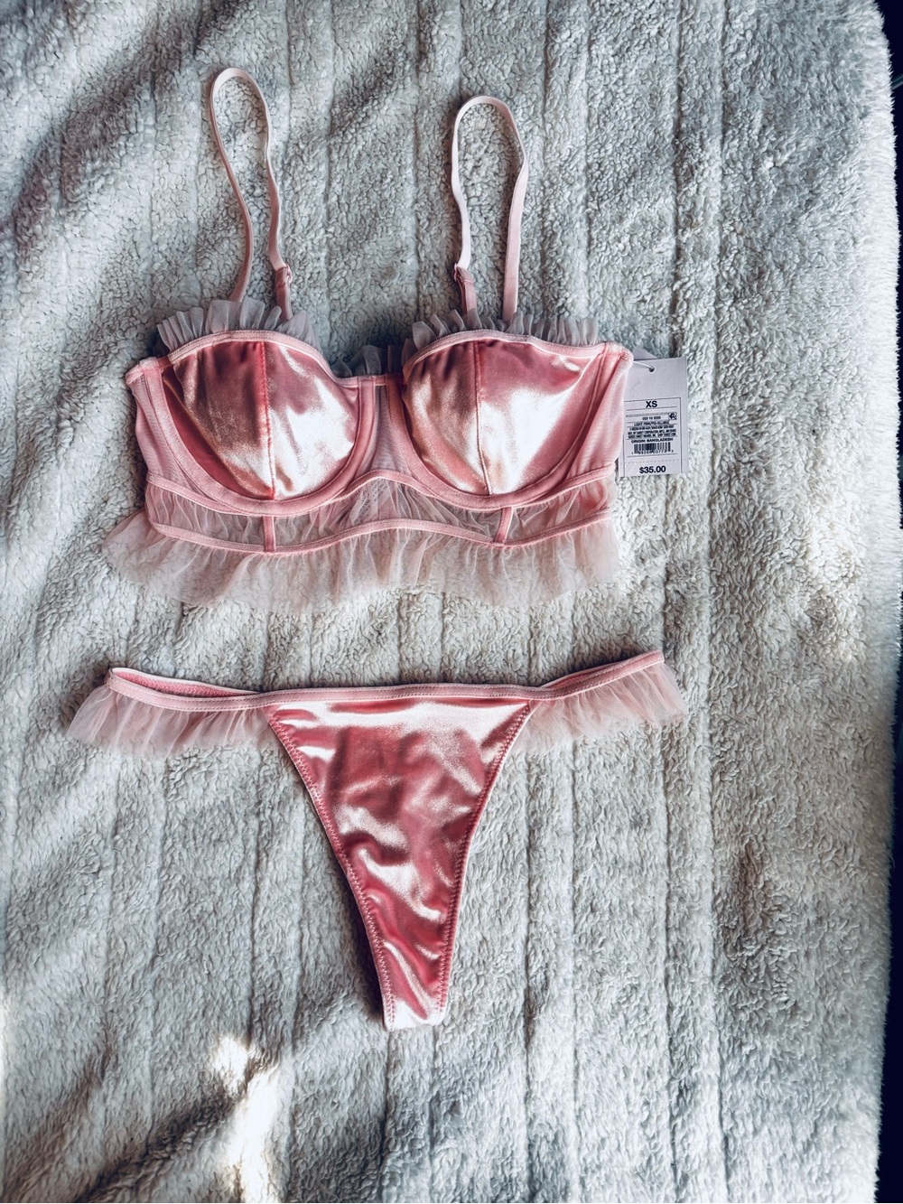 Auden Pink Satin Balconette Bra & Thong Set with Tulle Trim